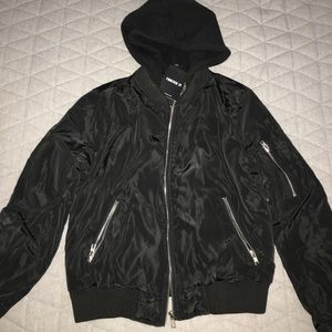 black hooded bomber jacket